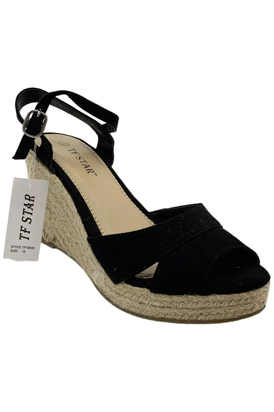 TF Star Women's Jute Rope Wedge Sandals Black - Medium